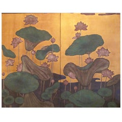 Japanese Screen 'Lotus Flowers and Leaves on Gold'