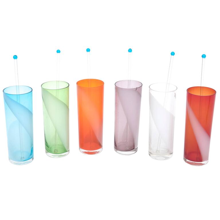 Six Vintage Italian Glass Murano Cocktail Glasses with Glass Swizzlers