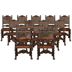 Set of Fourteen Baroque Style Walnut Dining Chairs