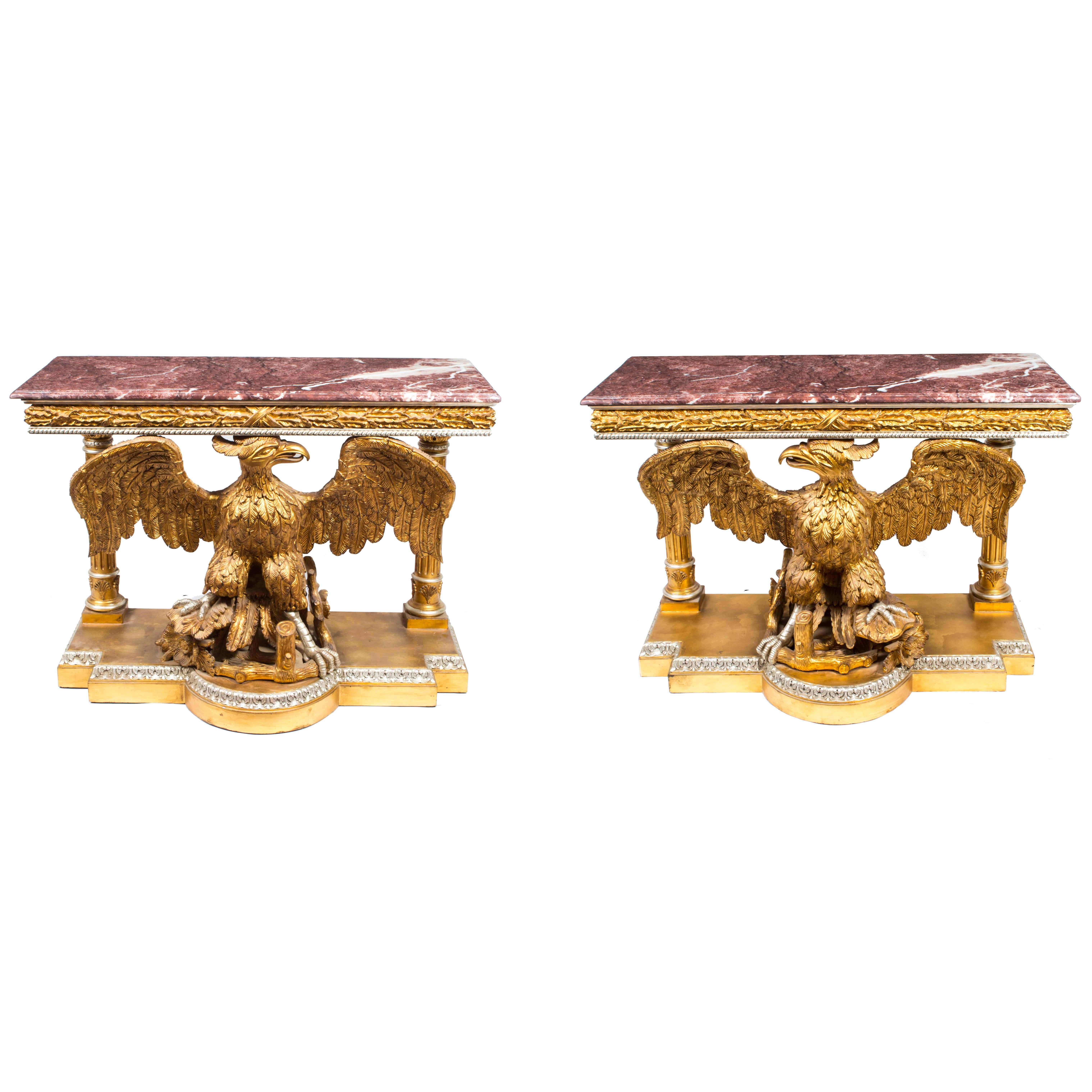 Vintage Pair of Eagle Giltwood Console Tables Marble Tops