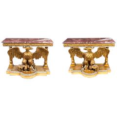 Retro Pair of Eagle Giltwood Console Tables Marble Tops