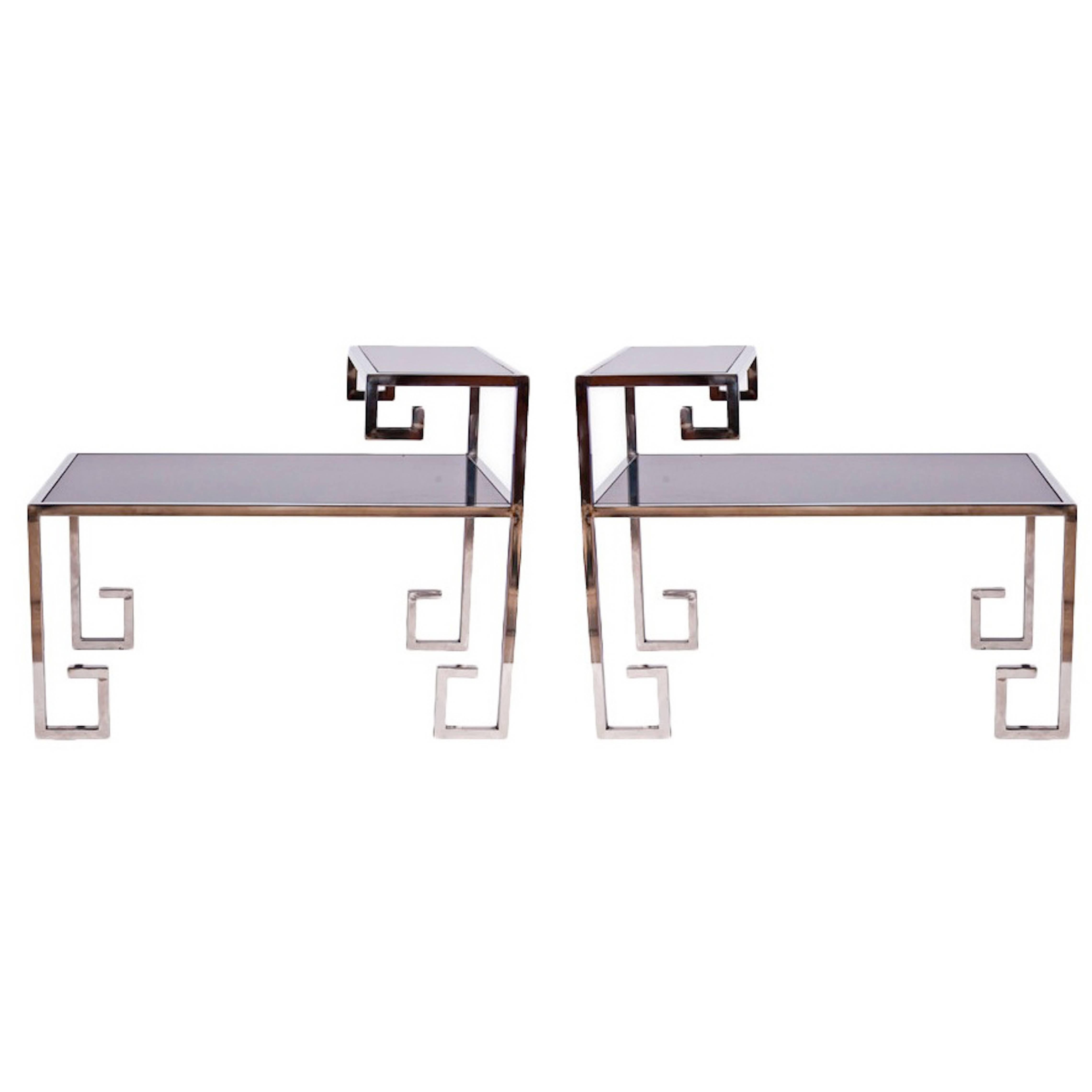 Pair of Greek Key Chrome and Polished Stone Side Tables
