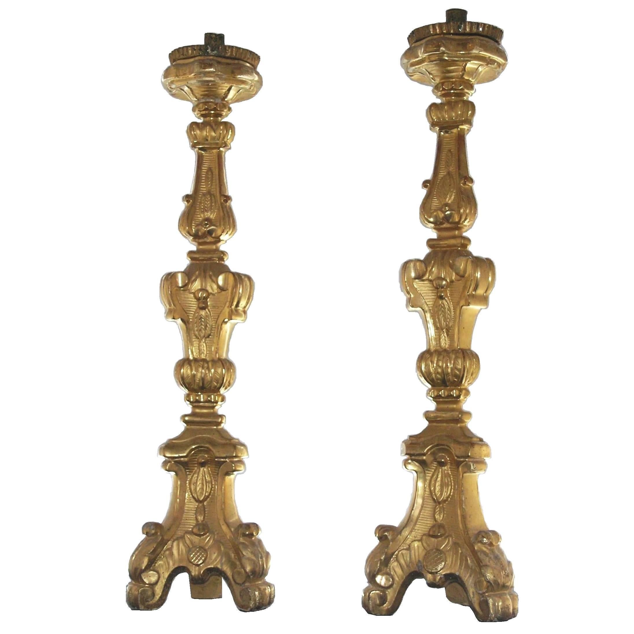 Pair of Italian Giltwood Pricket Candlesticks For Sale