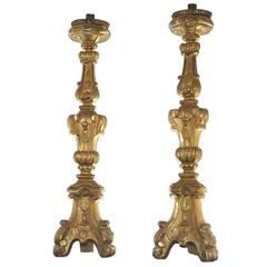 Pair of Italian Giltwood Pricket Candlesticks