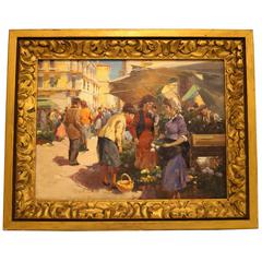 Oil on Canvas Painting of Fruit Market Scene