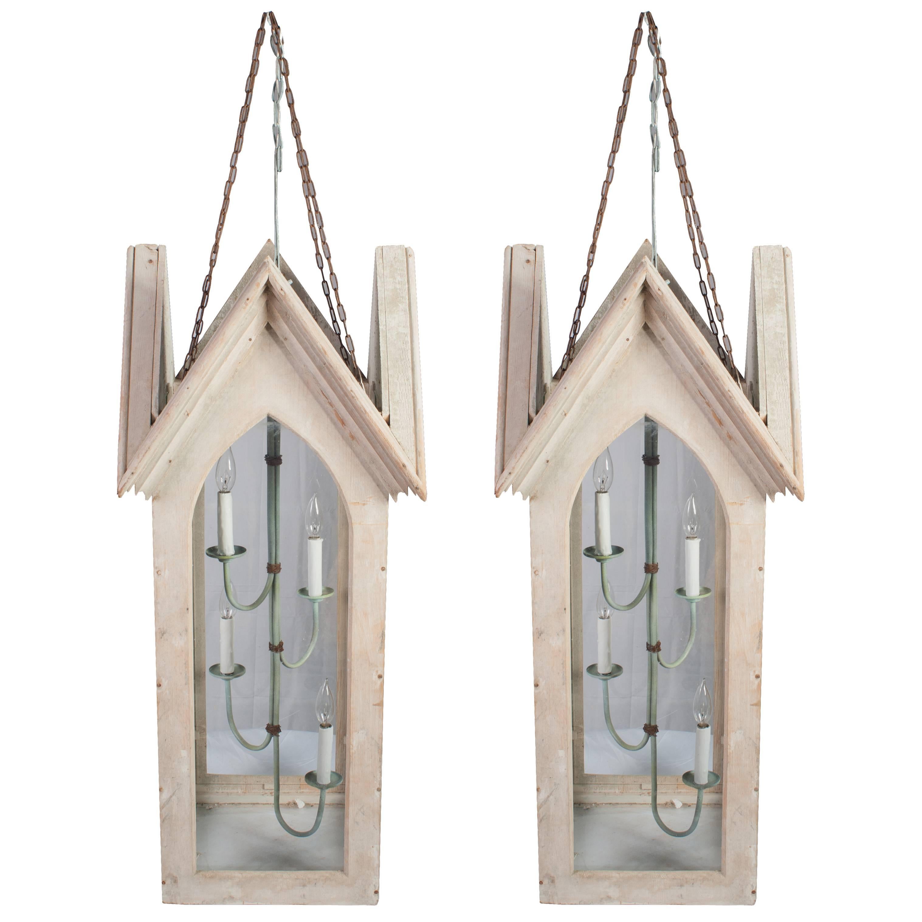 Pair of Lime Painted Gothic Lanterns