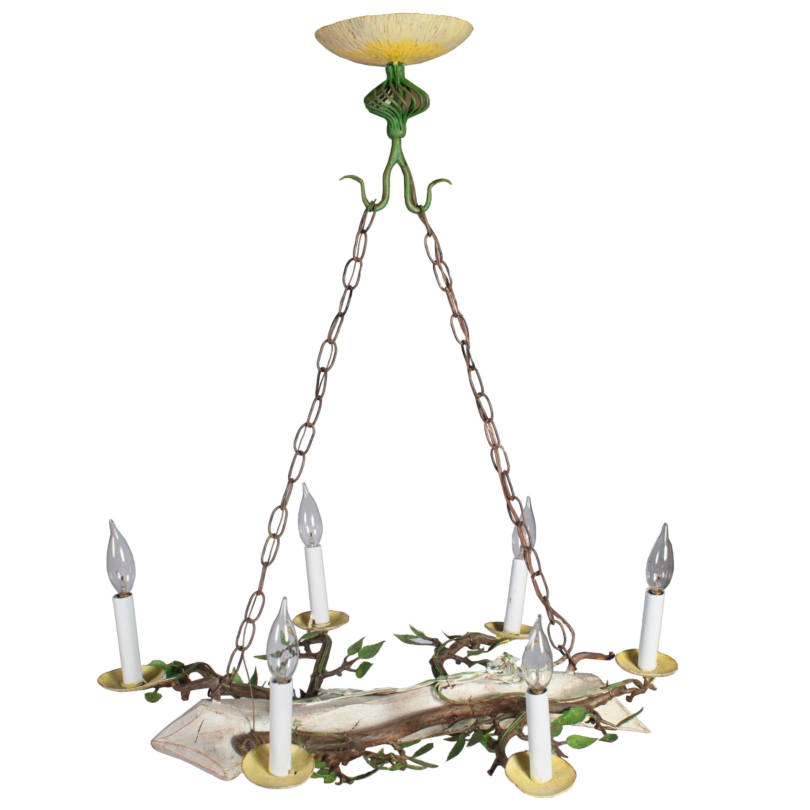 Small Yellow, Green Painted Chandelier in the Form of a Log, with Leaves For Sale