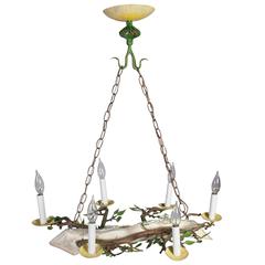 Small Yellow, Green Painted Chandelier in the Form of a Log, with Leaves 4