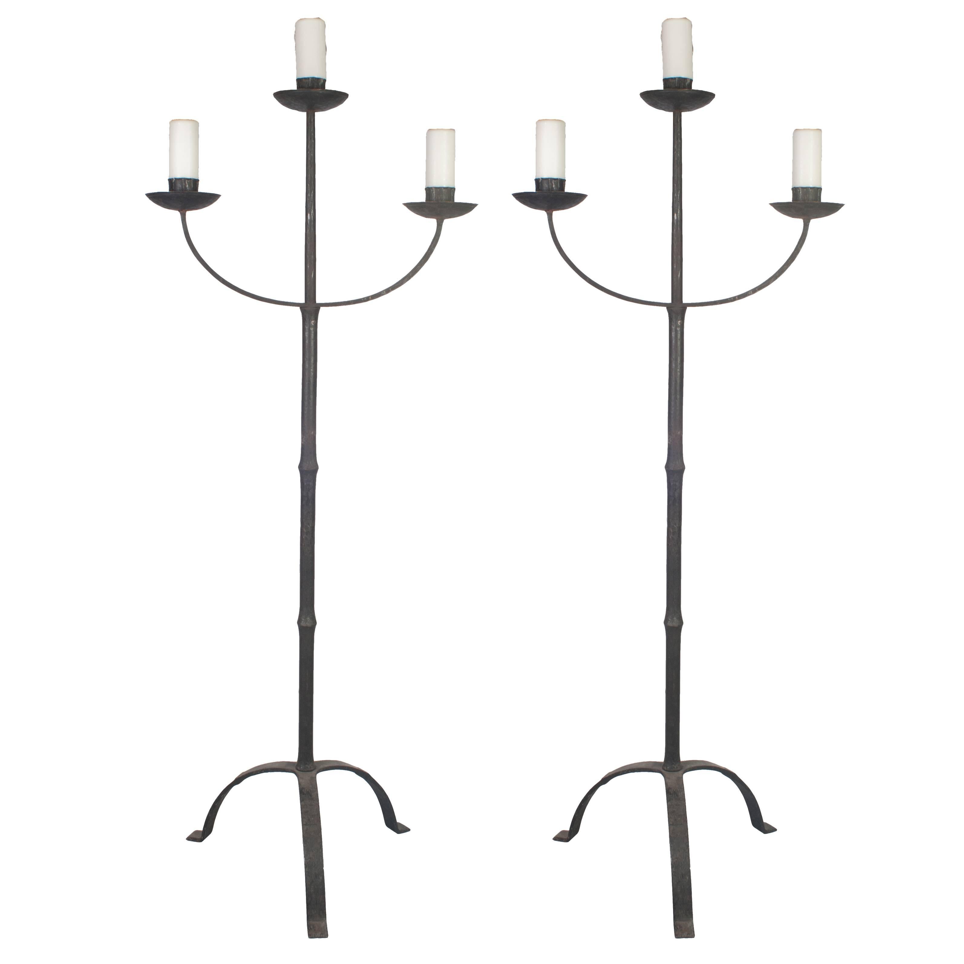 Pair of Early Italian Cast Iron Standing Floor Candelabras with Three Arms