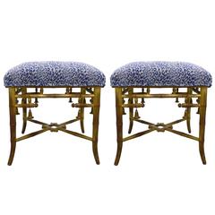 Giltwood Bamboo Scalamandre Upholstered Leopard Stools, Pair