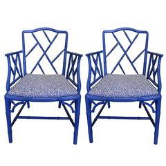 Faux-Bamboo Blue Painted Armchairs, Pair