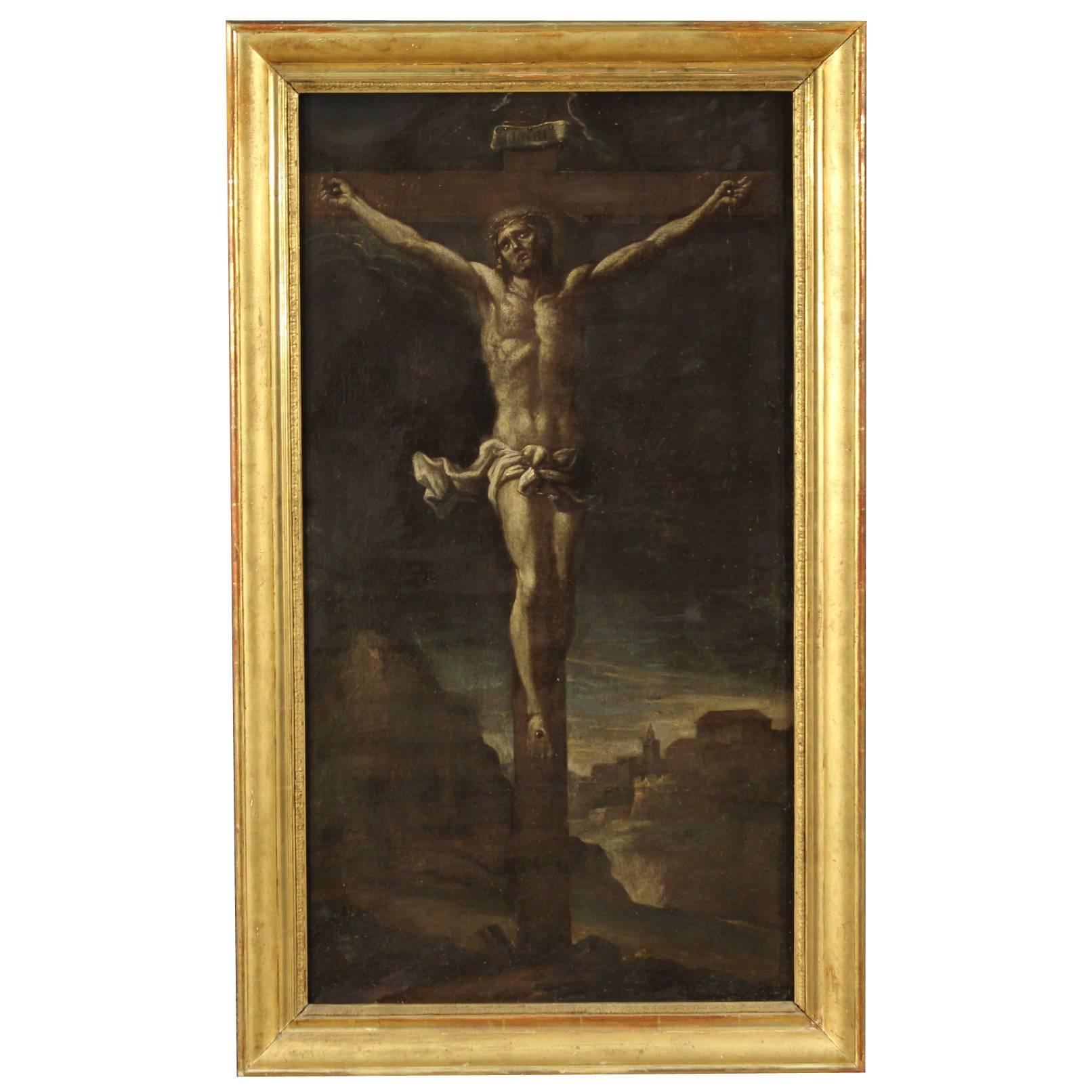 18th Century Oil on Canvas Religious Painting "Crucifixion of Christ"