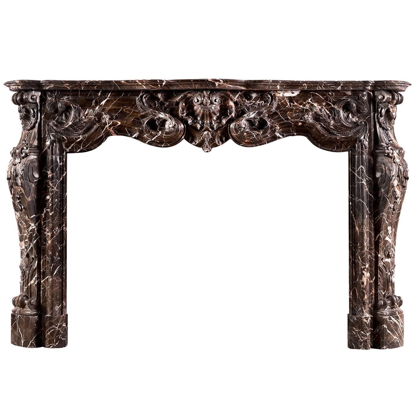 Sumptuous Emperador Louis XV Style Marble Fireplace Mantel For Sale