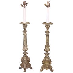 Antique Pair of Massive Continental Altar Sticks Electrified as Torchere