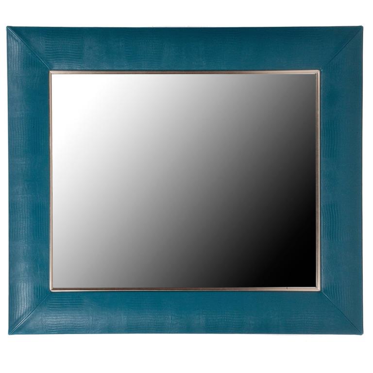 Teal Lizard Embossed Leather Framed Mirror with Gold Detailing at