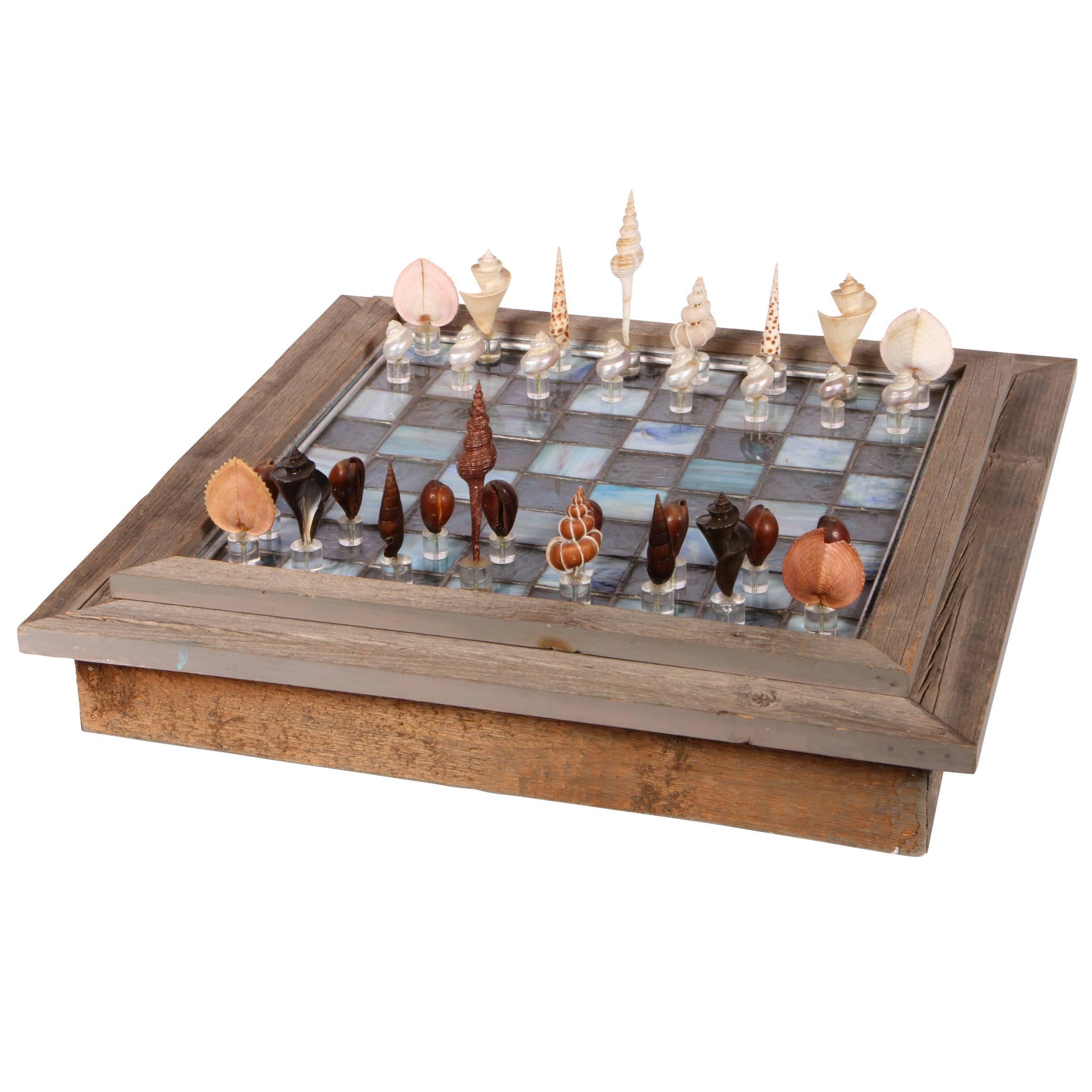 Leaded Glass Chessboard with Shell and Lucite Playing Pieces