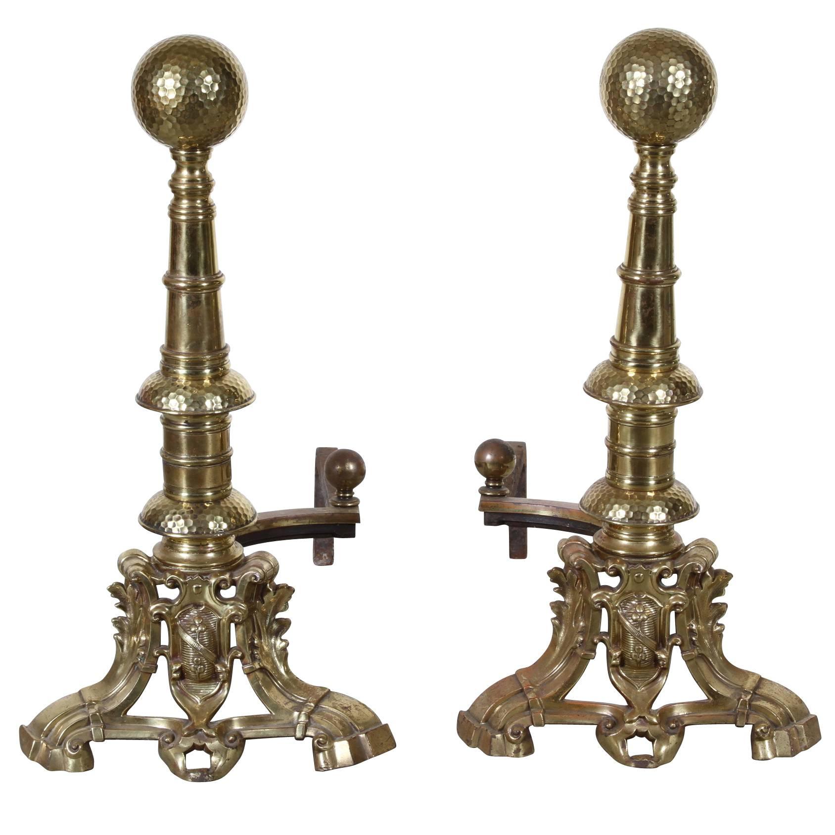 Fine Pair of Regency Style Hammered Andirons