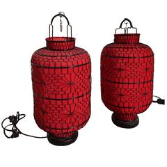 Pair of Fine Chinese Red Lanterns, Electrified