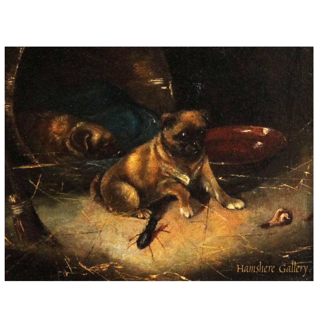 Miniature Oil on Panel of Pugs by Horatio Henry Couldery For Sale