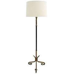 Spanish Gilt Iron and Stitched Leather Standing Lamp, Spain, circa 1940