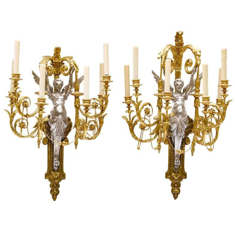 Pair of French Neoclassical Style 19th Century Six-Light Figural Wall Sconces For Sale