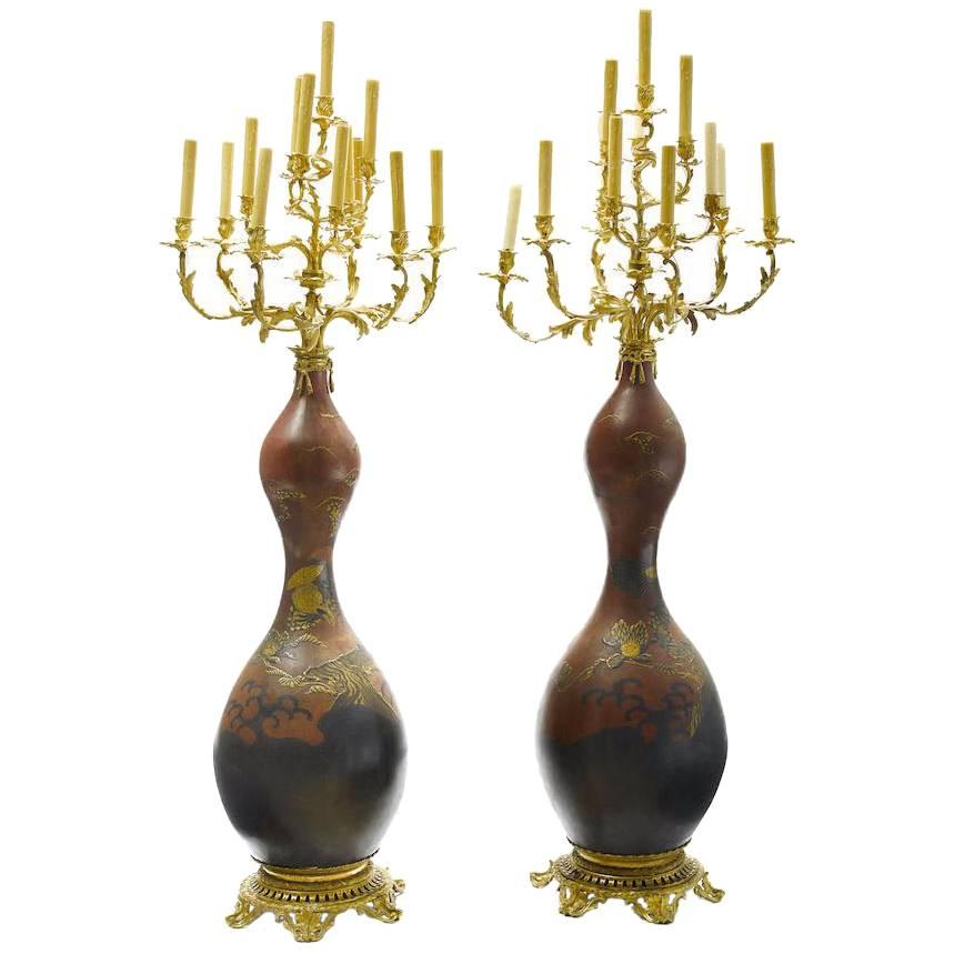 Pair 19th Century Japanese Porcelain and Gilt Bronze Mounted Torchere Floor Lamp