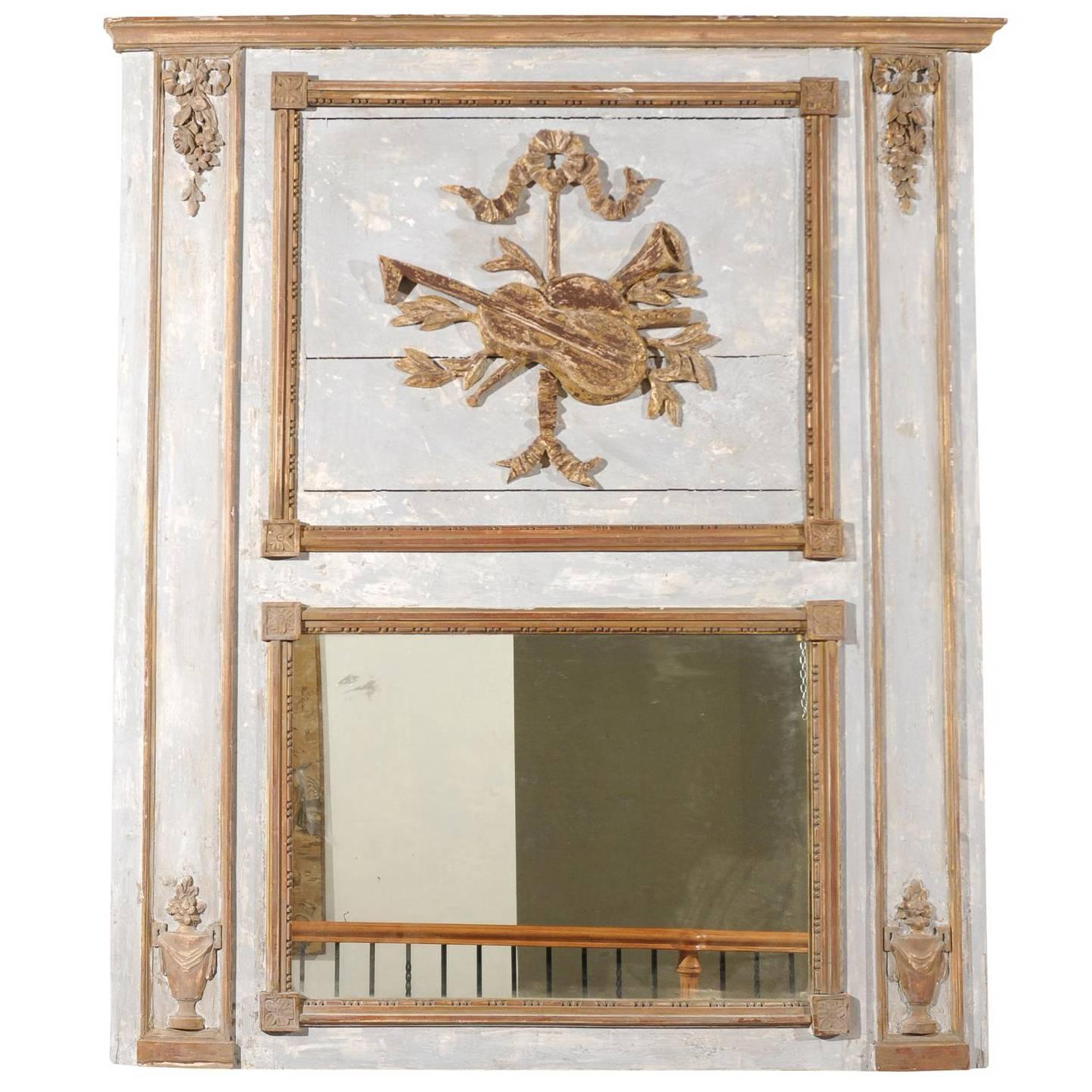French 1890s Neoclassical Revival Trumeau Mirror with Musical Trophy and Urns