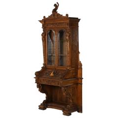 Italian Renaissance Revival Antique Secretary Desk with Bookcase, 19th Century