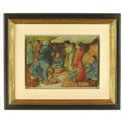 Painting by Maurice Louis Savin, Oil on Cardboard, Market Scene