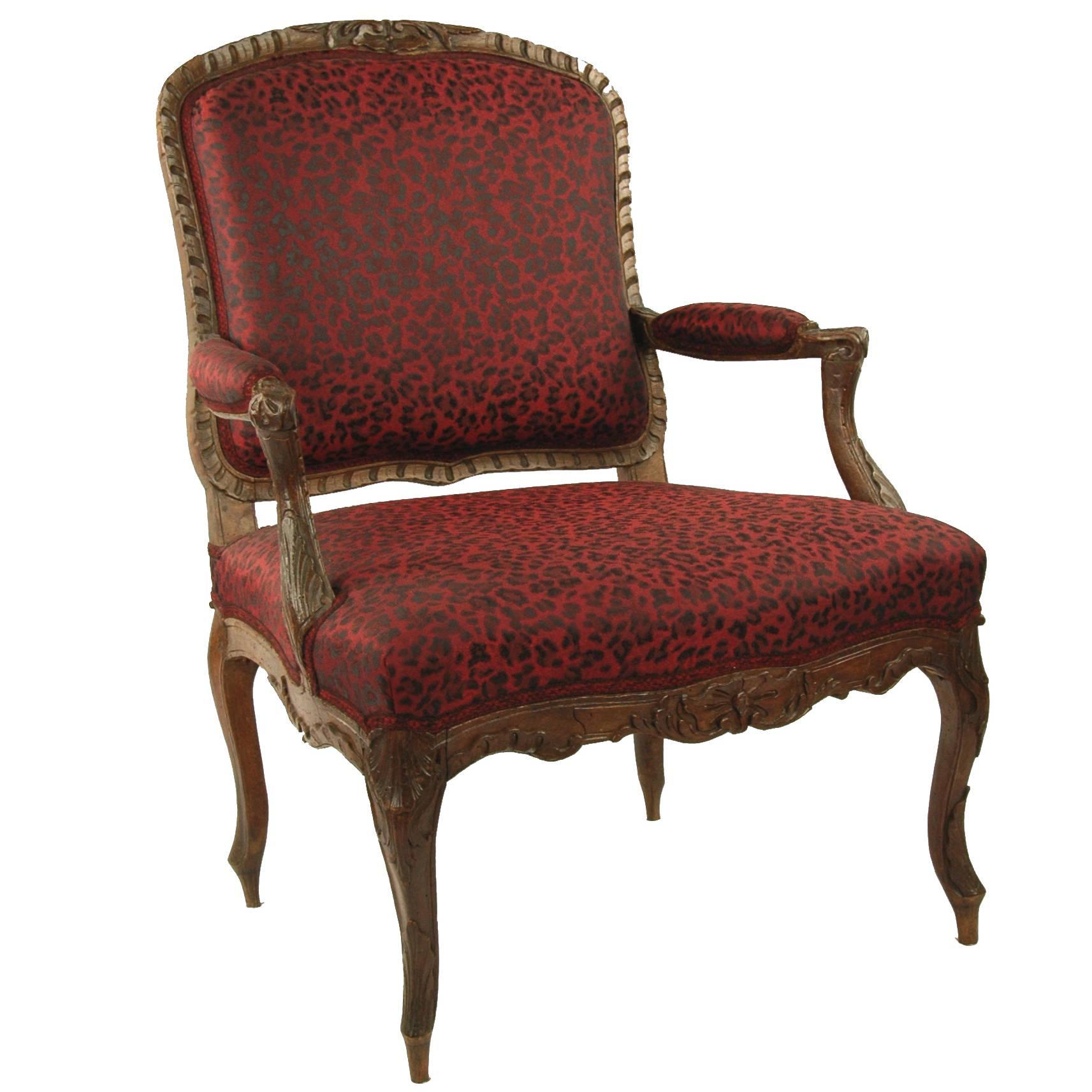 French 18th Century Baroque Period Armchair, Beechwood, carved & stained, brown im Angebot