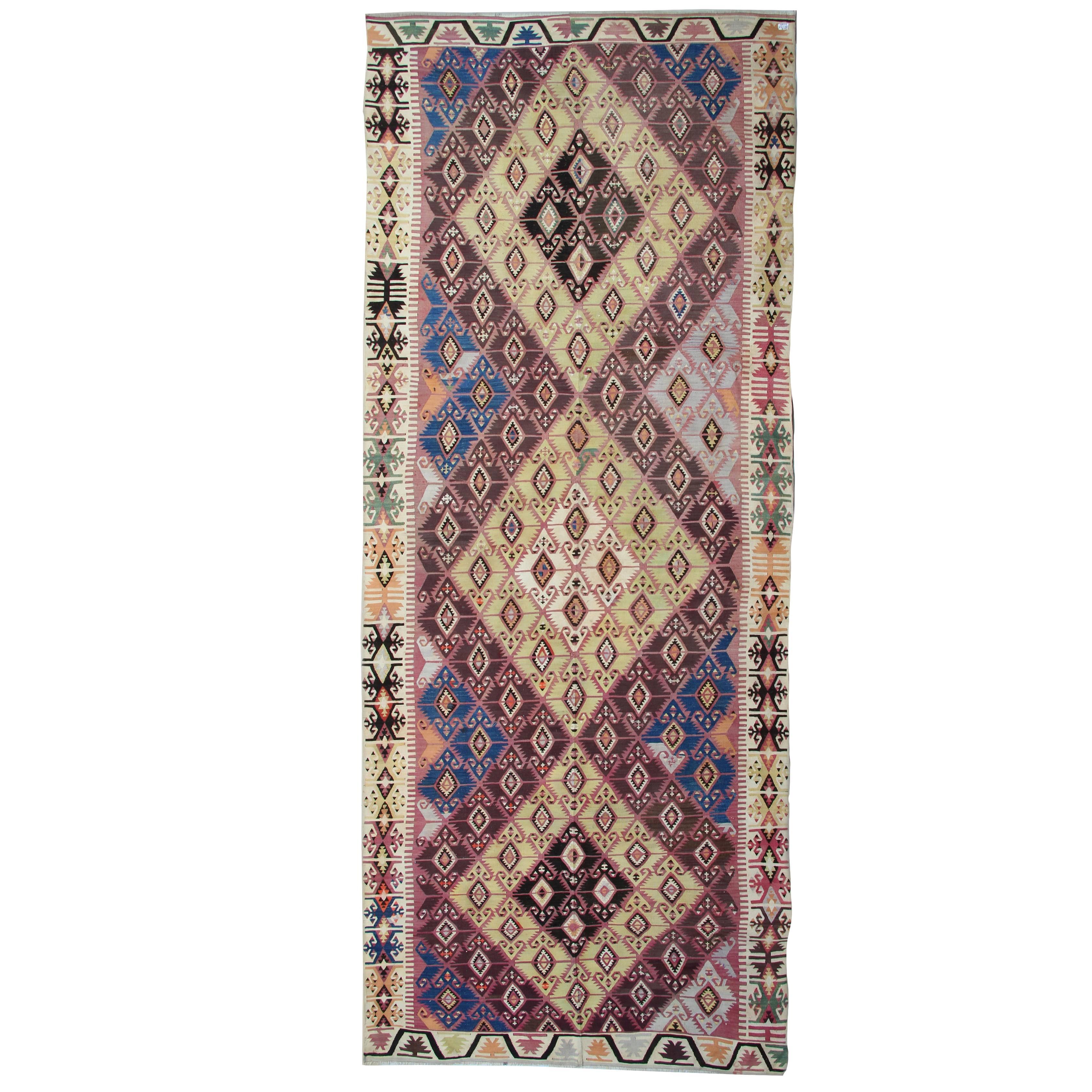 Tapis antique d'Anatolie, tapis de couloir fait main, tapis oriental turc Kilim