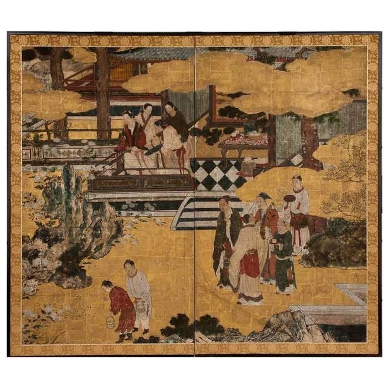 Japanese Two-Panel Screen Chinese Court Scene For Sale at 1stDibs