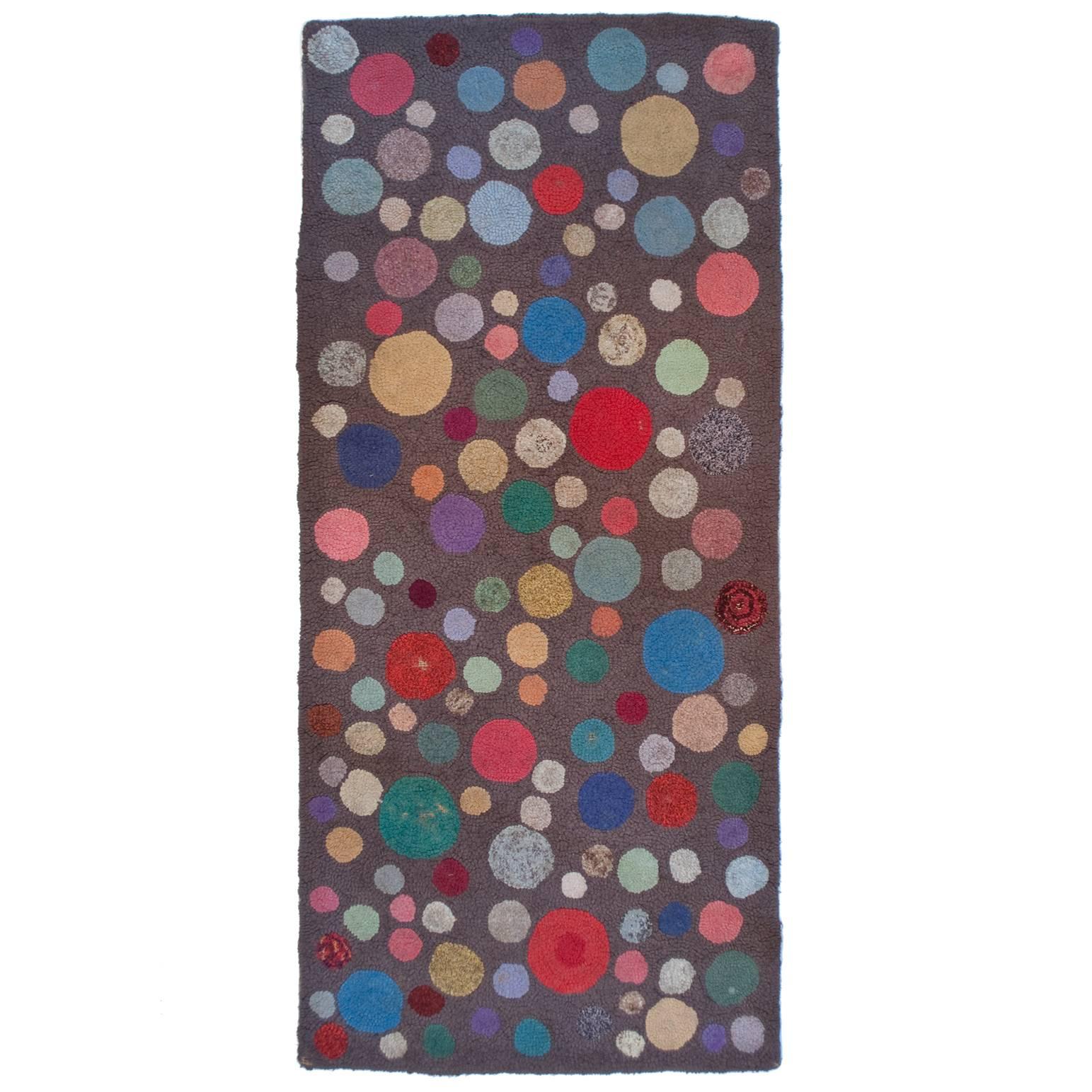 Early 20th Century Graphic American Primitive Folk Art Hooked Rug with Dots
