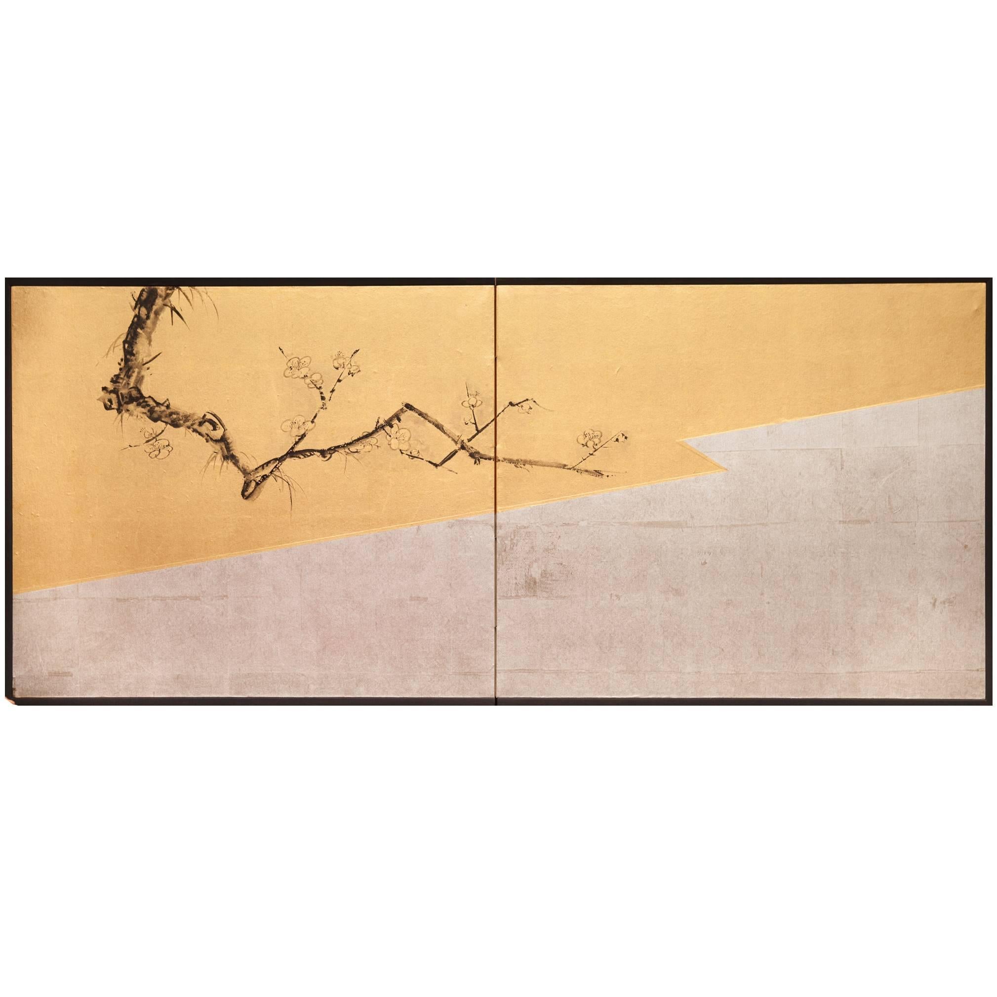 Japanese Screen 'Ink Painting of Plum Blossom'