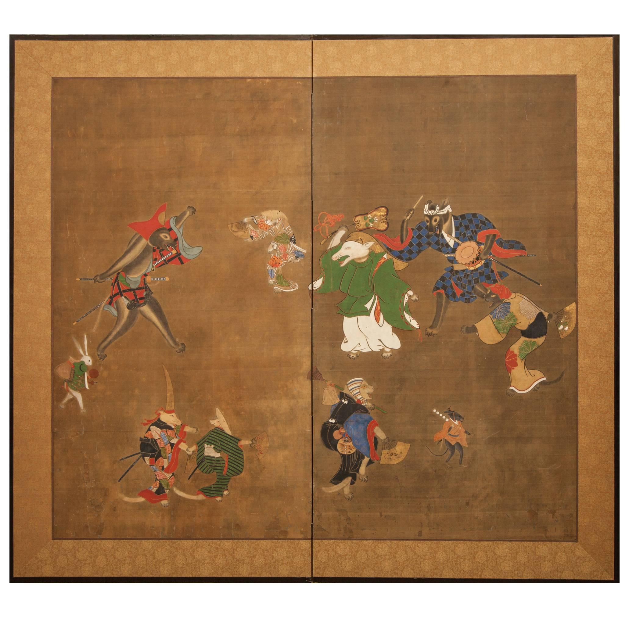 Japanese Two Panel Screen: Dancing Zodiac Animals at New Years Festival For Sale
