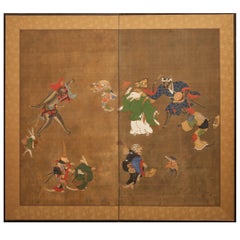 Antique Japanese Two Panel Screen: Dancing Zodiac Animals at New Years Festival