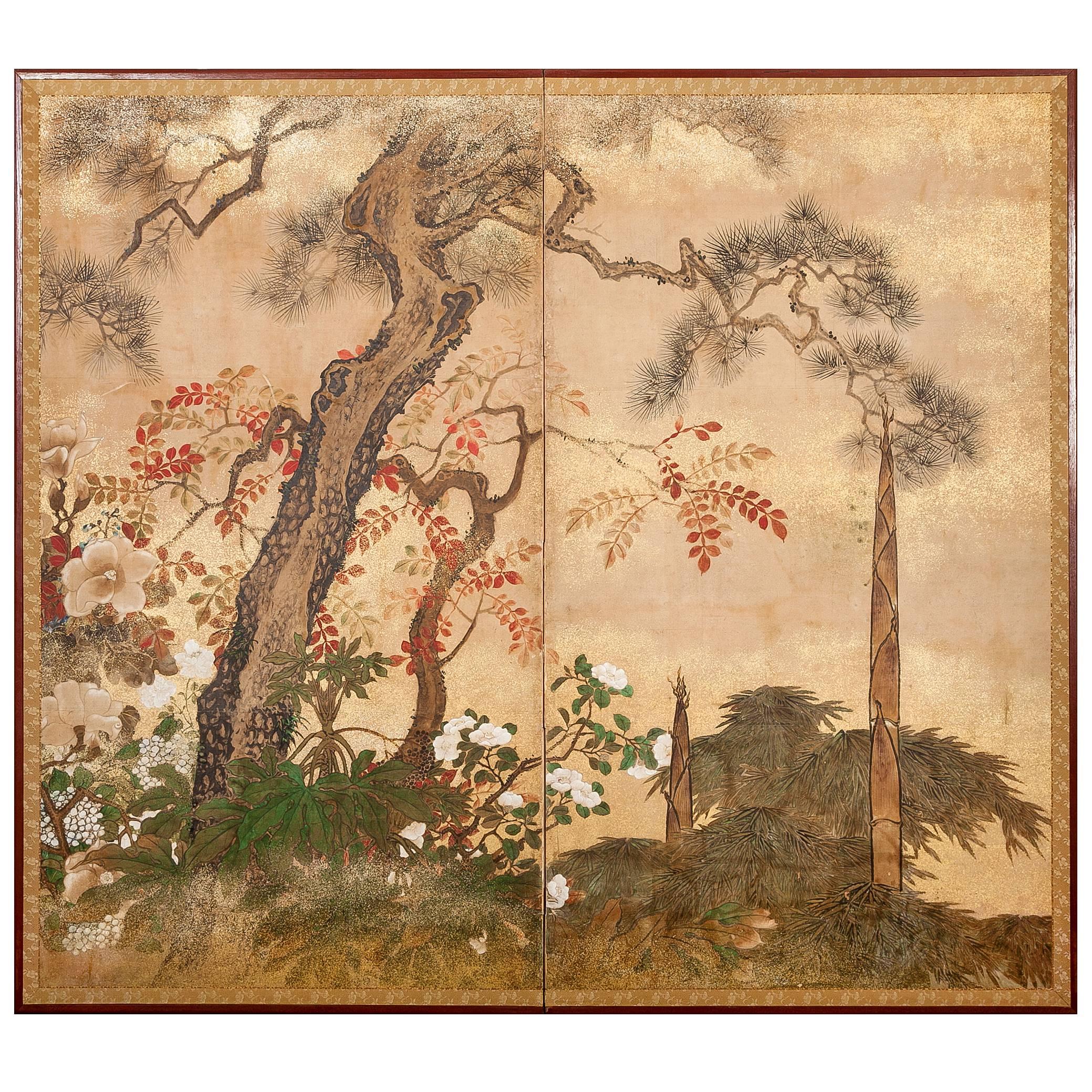 Japanese Two Panel Screen: Trees in Floral Landscape