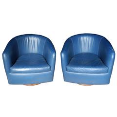 Pair of Mid-Century Modern Blue Leather Swivel Lounge Chairs by Milo Baughman