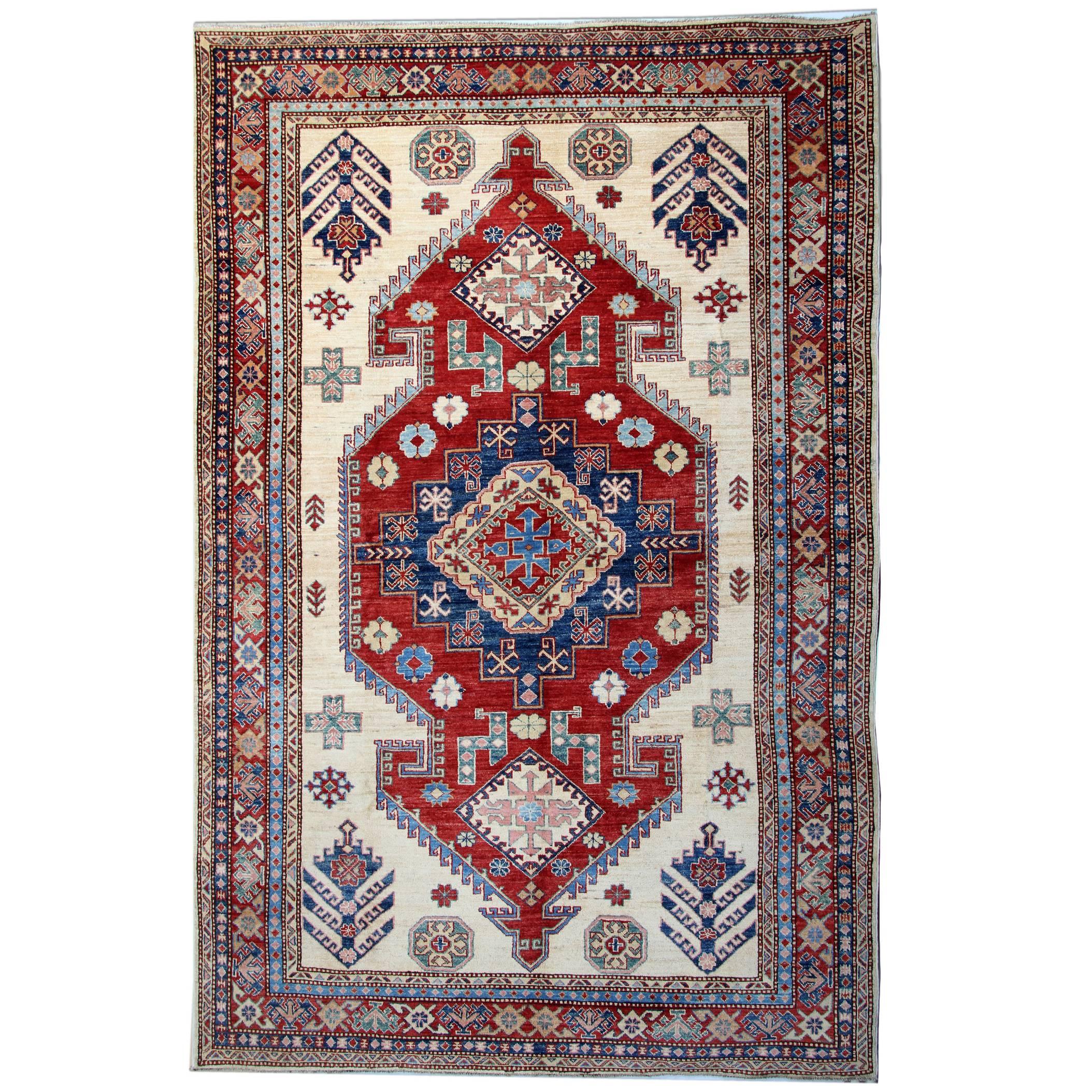 Cream Handmade Carpet Oriental Rugs, Kazak Rugs Geometric Design Rug for Sale For Sale
