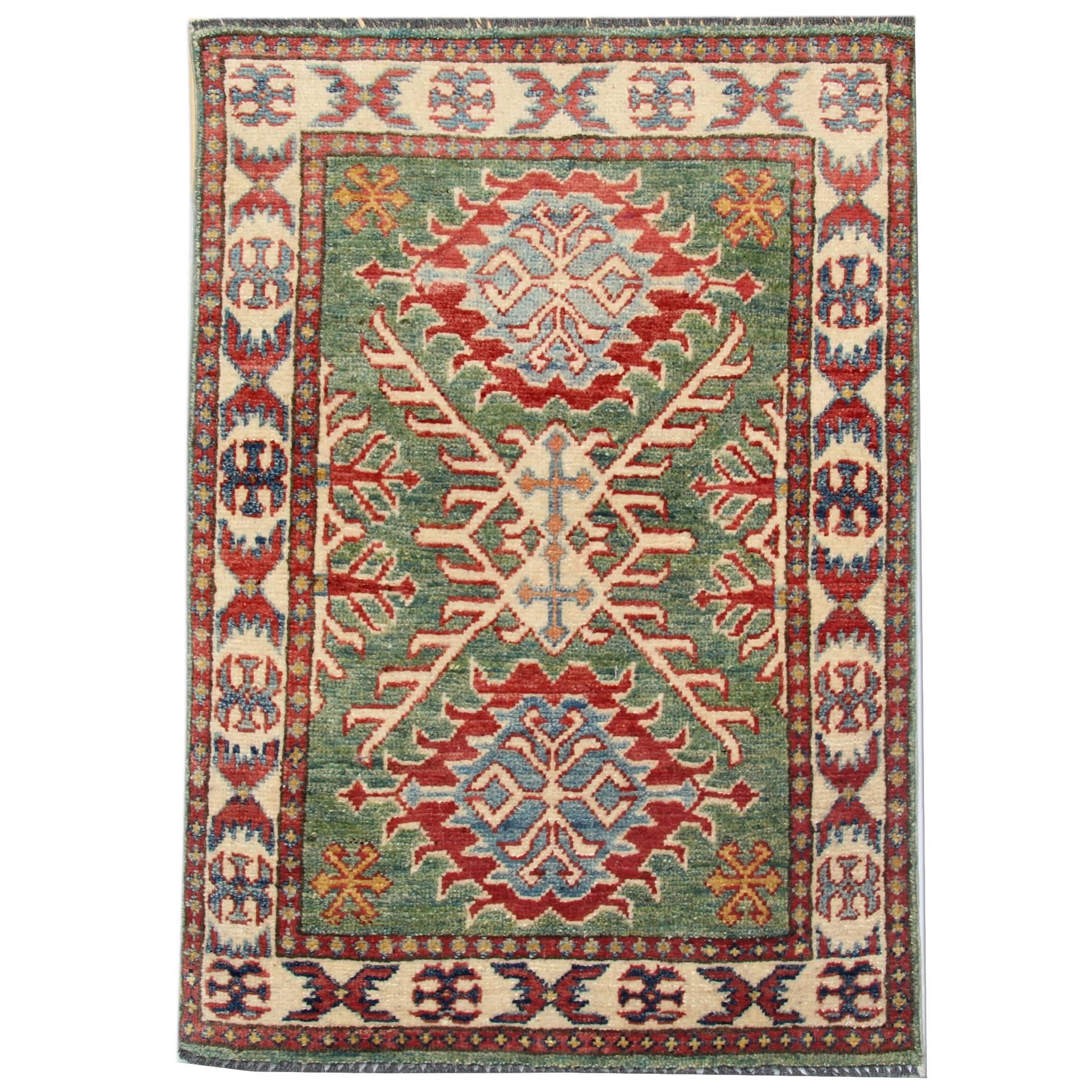 Handmade Carpet Green Kazak Rug, Living Room Rugs for Sale