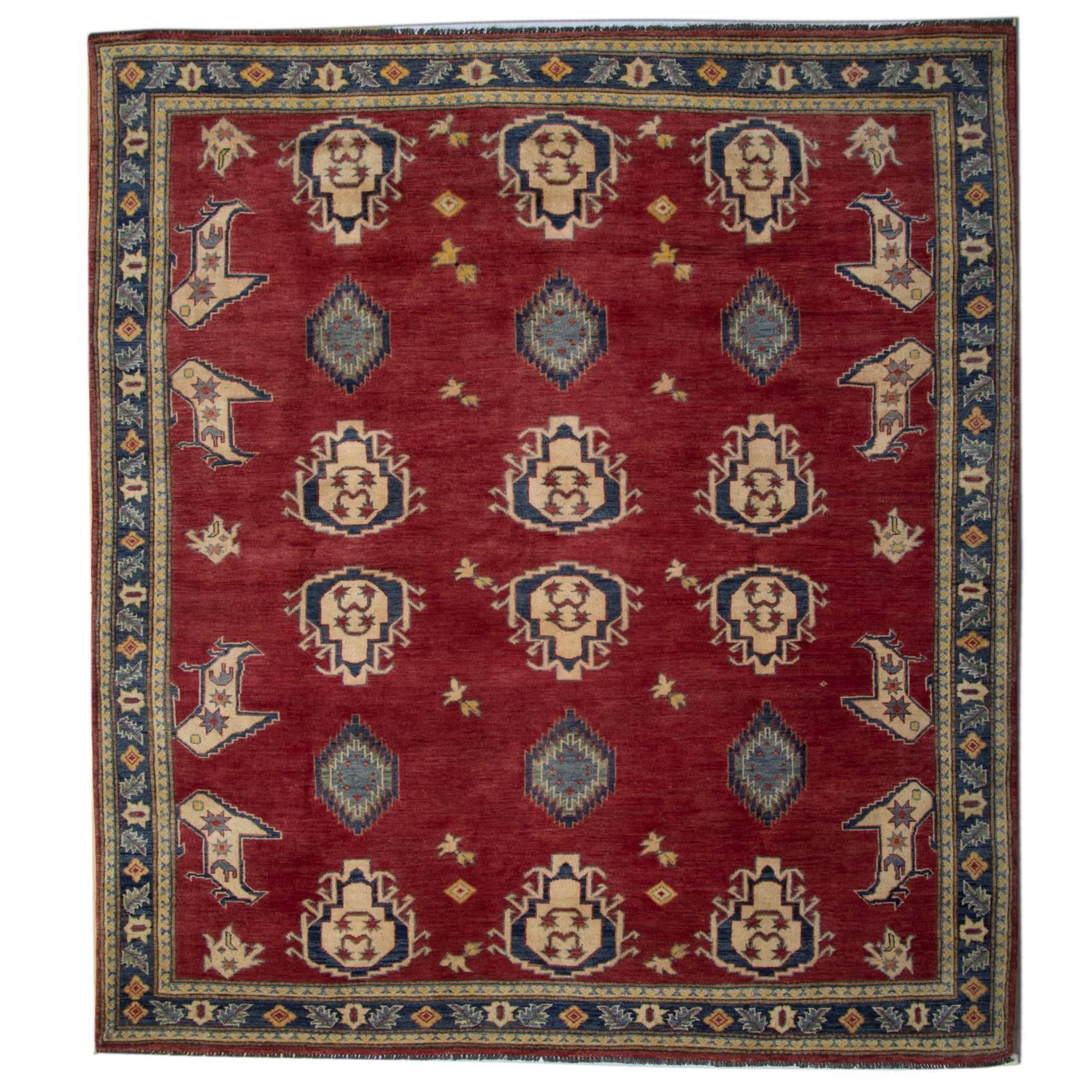 Oriental Rugs, Red Square Rugs, Geometric Wool Hand Made Carpet for Sale
