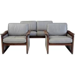 Danish 1970s Teak Three-Piece Suite Grey Leather by Dyrlund