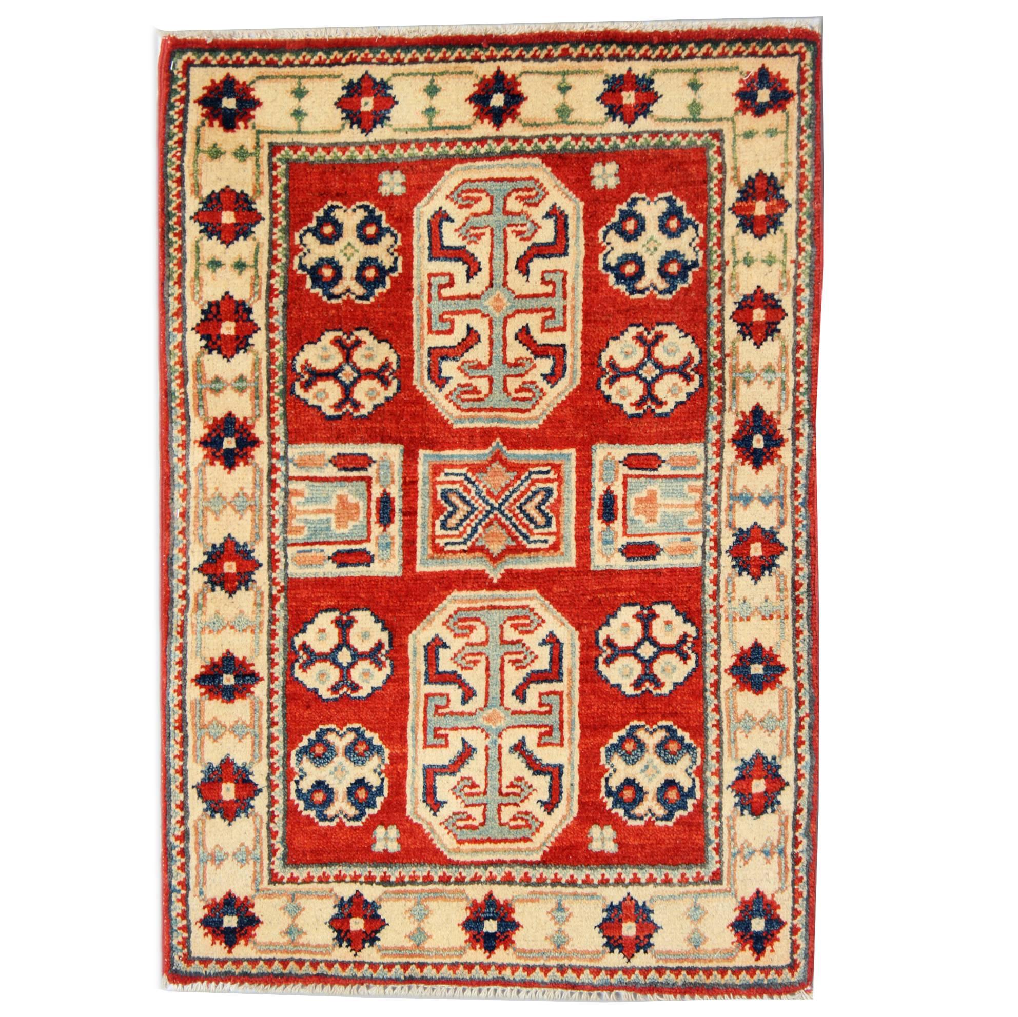 Kazakischer geometrischer Teppich, roter Türteppich, primitiver, rustikaler Teppich 65x93cm