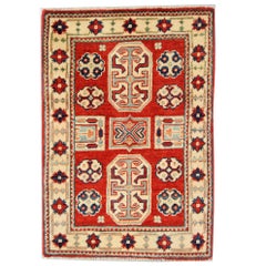 Small Kazak Rugs, Geometric Carpet Red Door Mat Primitive Rustic Rug 65x93cm 