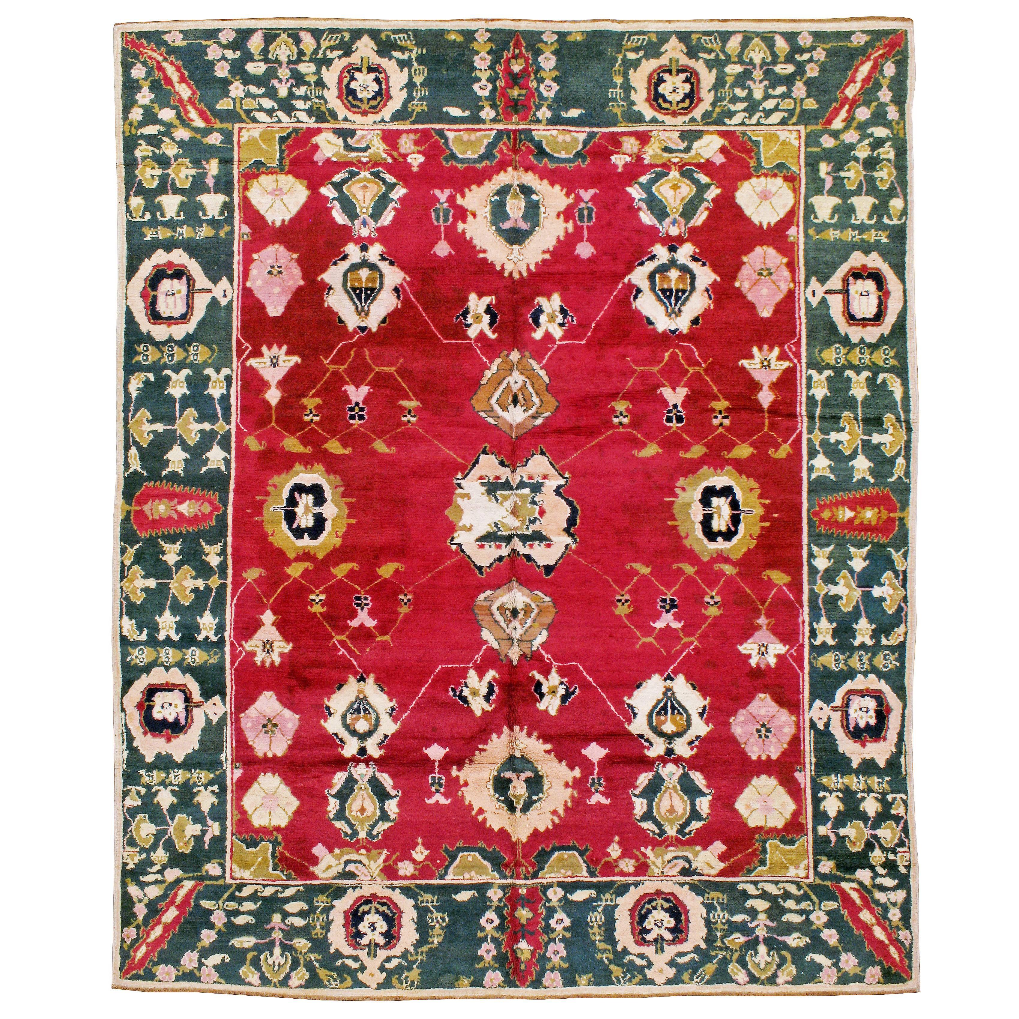 Mid-20th Century Handmade Indian Lahore Room Size Rug In Maroon and Green For Sale