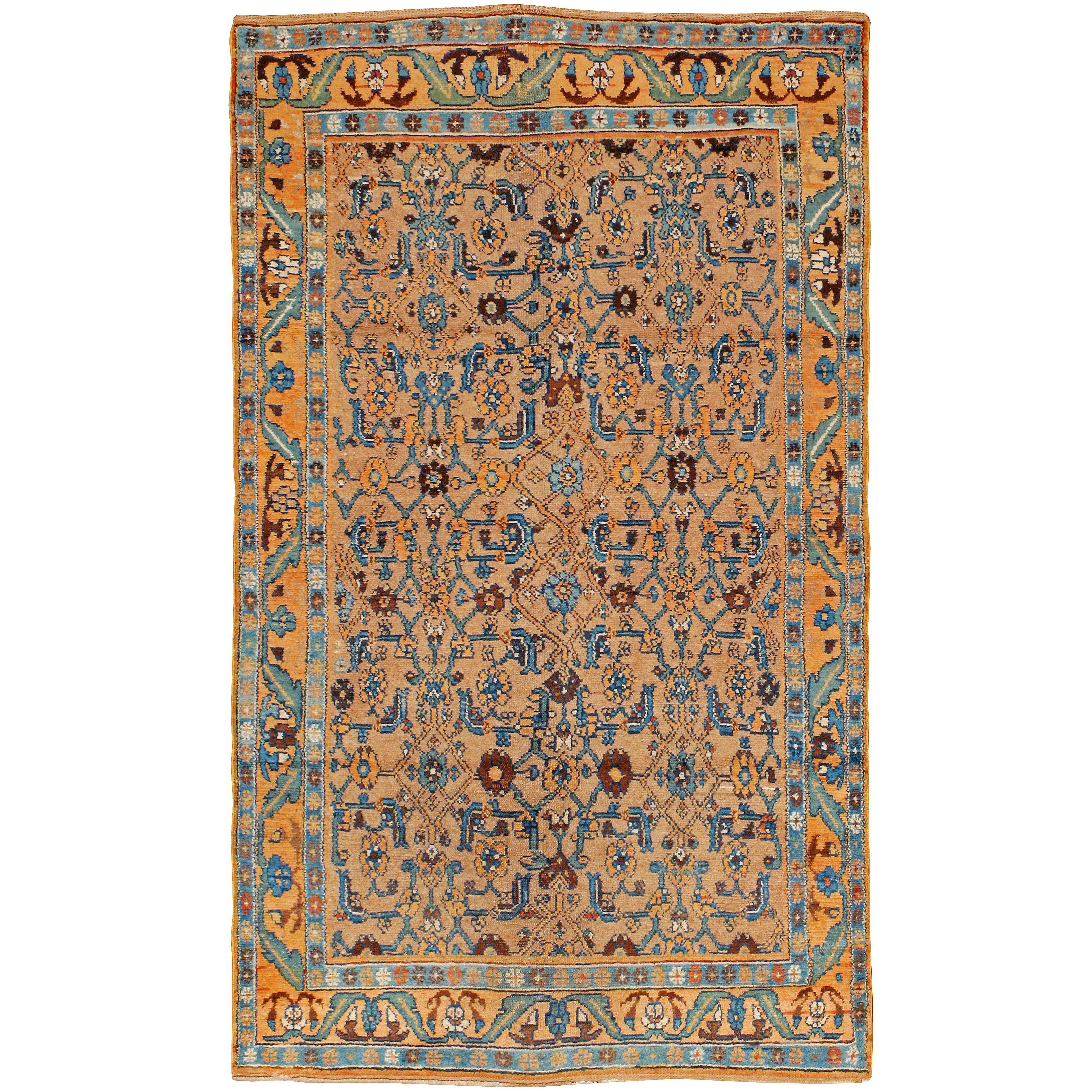 Early 20th Century Handmade Persian Kurd Throw Rug In Light Brown And Blue Green For Sale