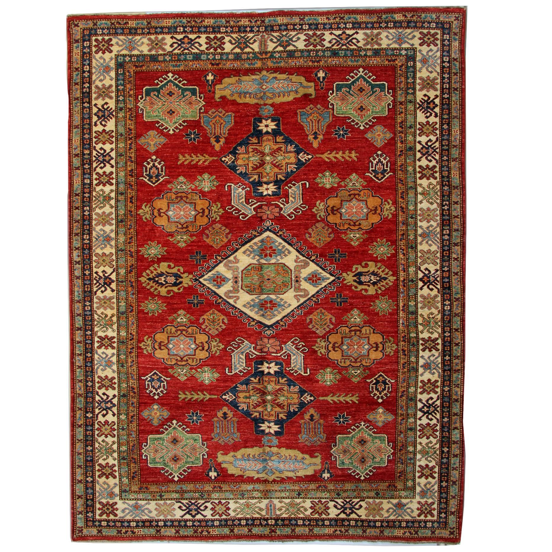 Geometric Red Rugs, Afghan Rugs, Kazak Rugs, Carpet from Afghanistan