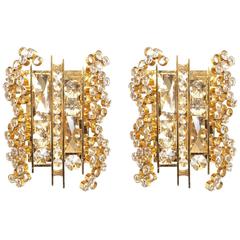 Pair of Gilt Brass and Crystal Glass Encrusted Sconces by Palwa