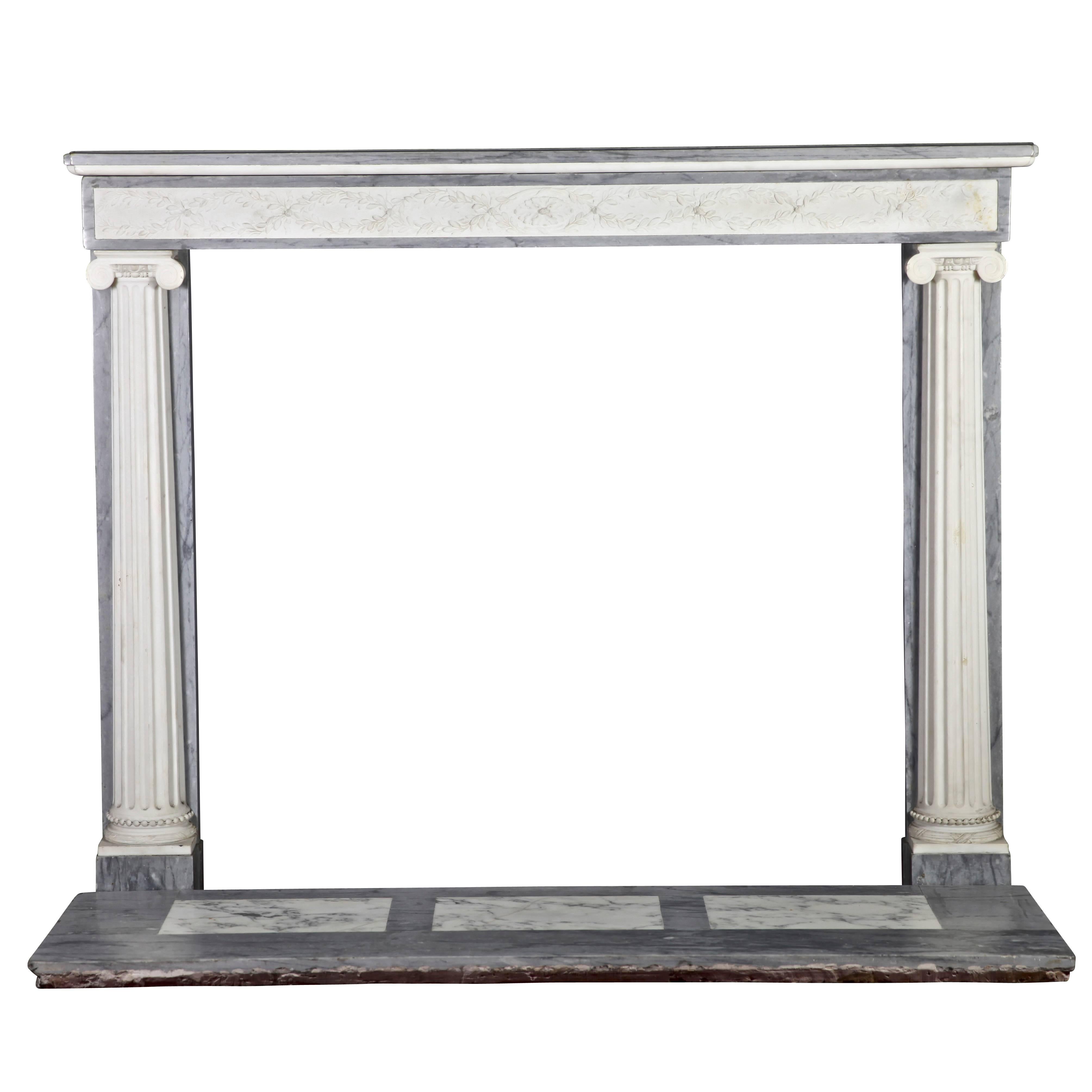 18th Century Antique Fireplace Mantel in White Statuary and Bleu Turquin Marble