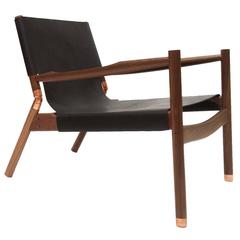 Erickson Aesthetics Slung Black Calf Leather Walnut Lounge Chair